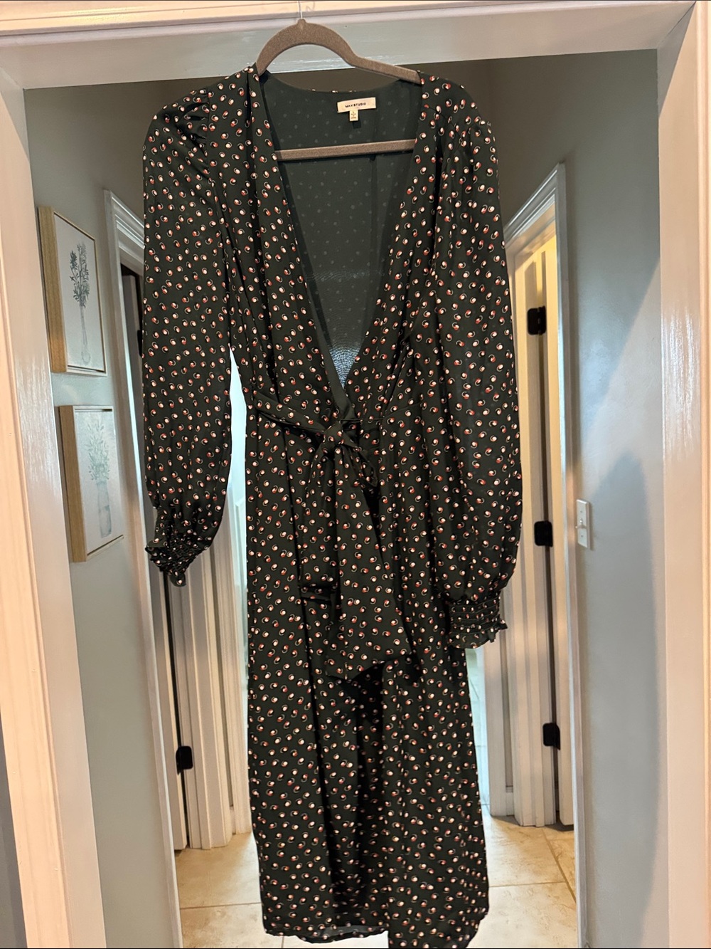 Max Studio Green Midi Wrap Dress with white/orange pattern